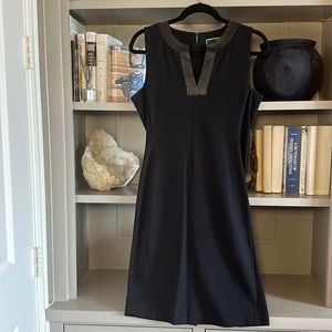 C Wonder black sheath dress with faux leather trim